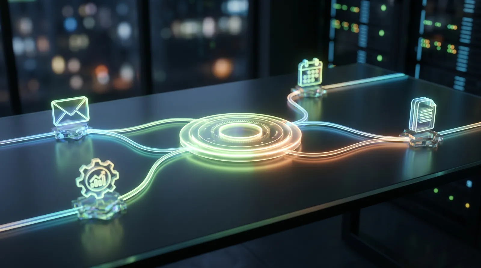 Hub numérique orchestrant automatiquement plusieurs outils d'entreprise reliés par des flux lumineux — agent IA pour PME