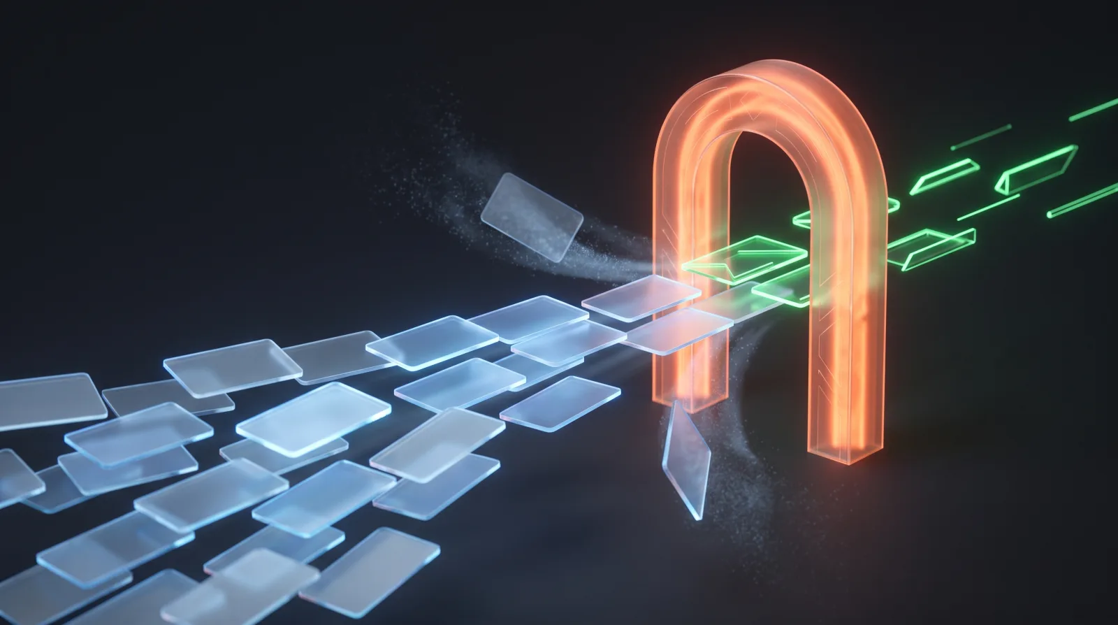Un flux de cartes de verre traverse un portique lumineux orange sur fond sombre : celles qui passent ressortent en vert lumineux, les autres sont écartées et se dissolvent, image du filtre légal appliqué à un fichier de prospection