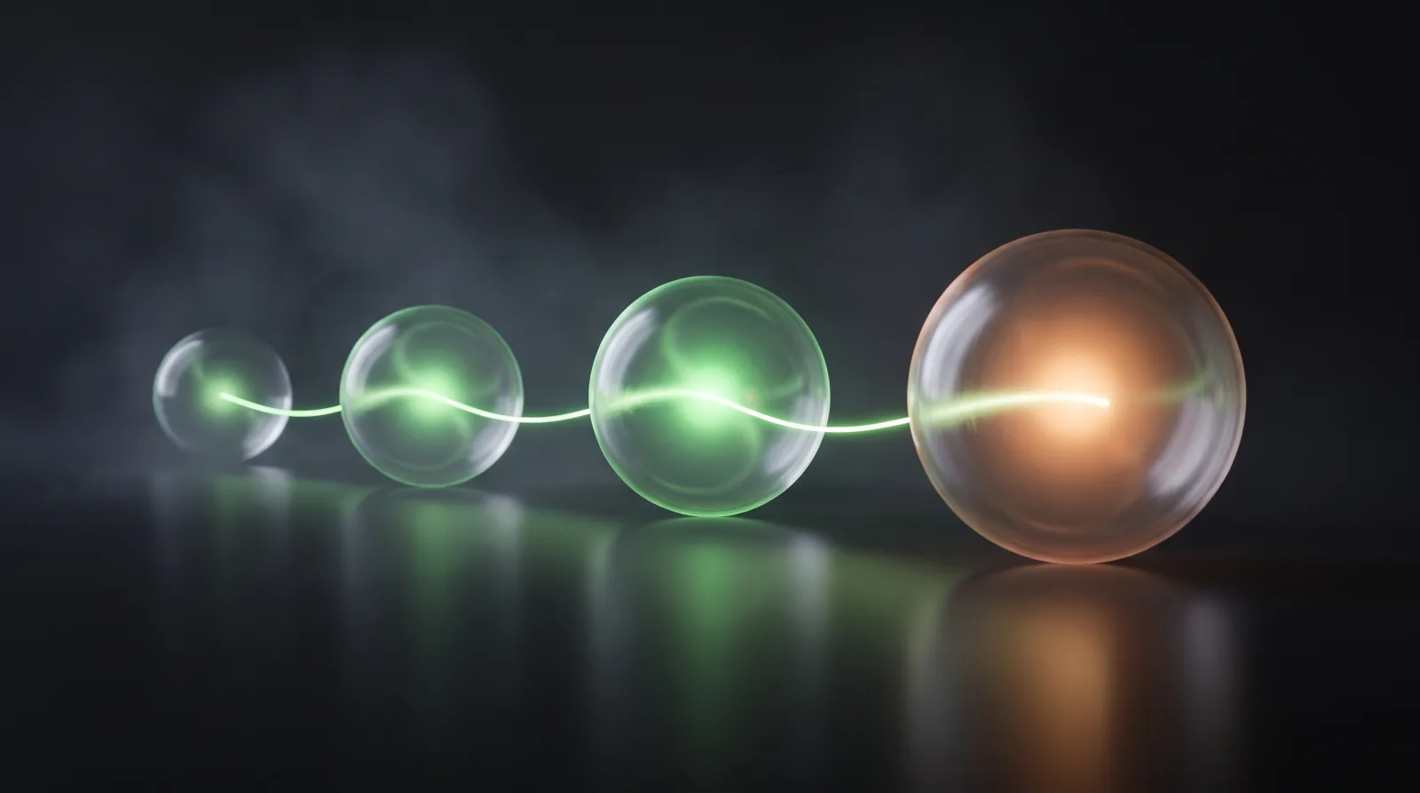 Quatre sphères de verre alignées sur fond sombre, reliées par un fil de lumière verte continu et de plus en plus grandes, la dernière éclairée en orange, évoquant les étapes successives d'une séquence de prospection automatisée
