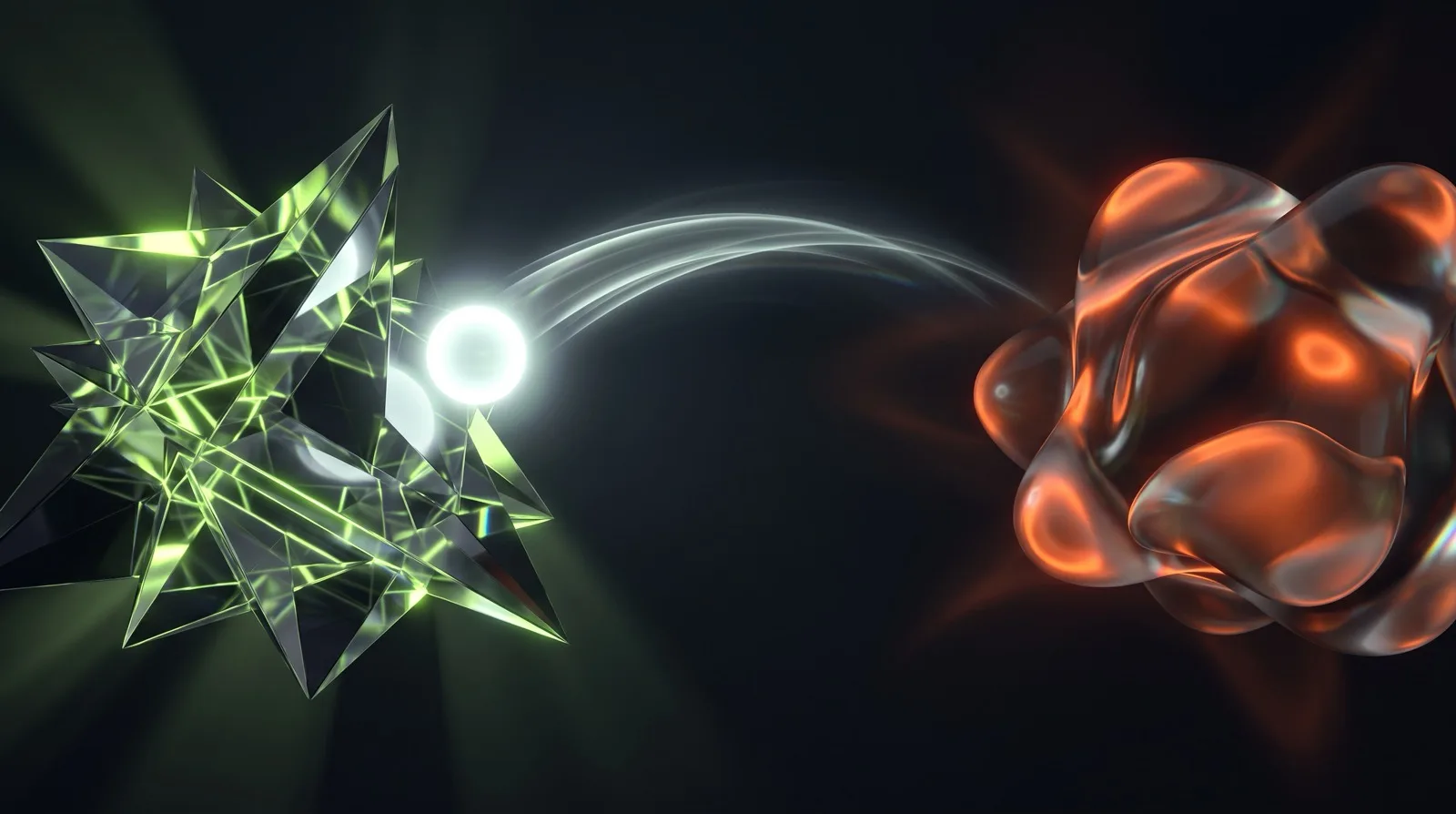Une forme géométrique verte anguleuse transmet une sphère de lumière à une forme organique orange arrondie, image du relais entre IA et humain