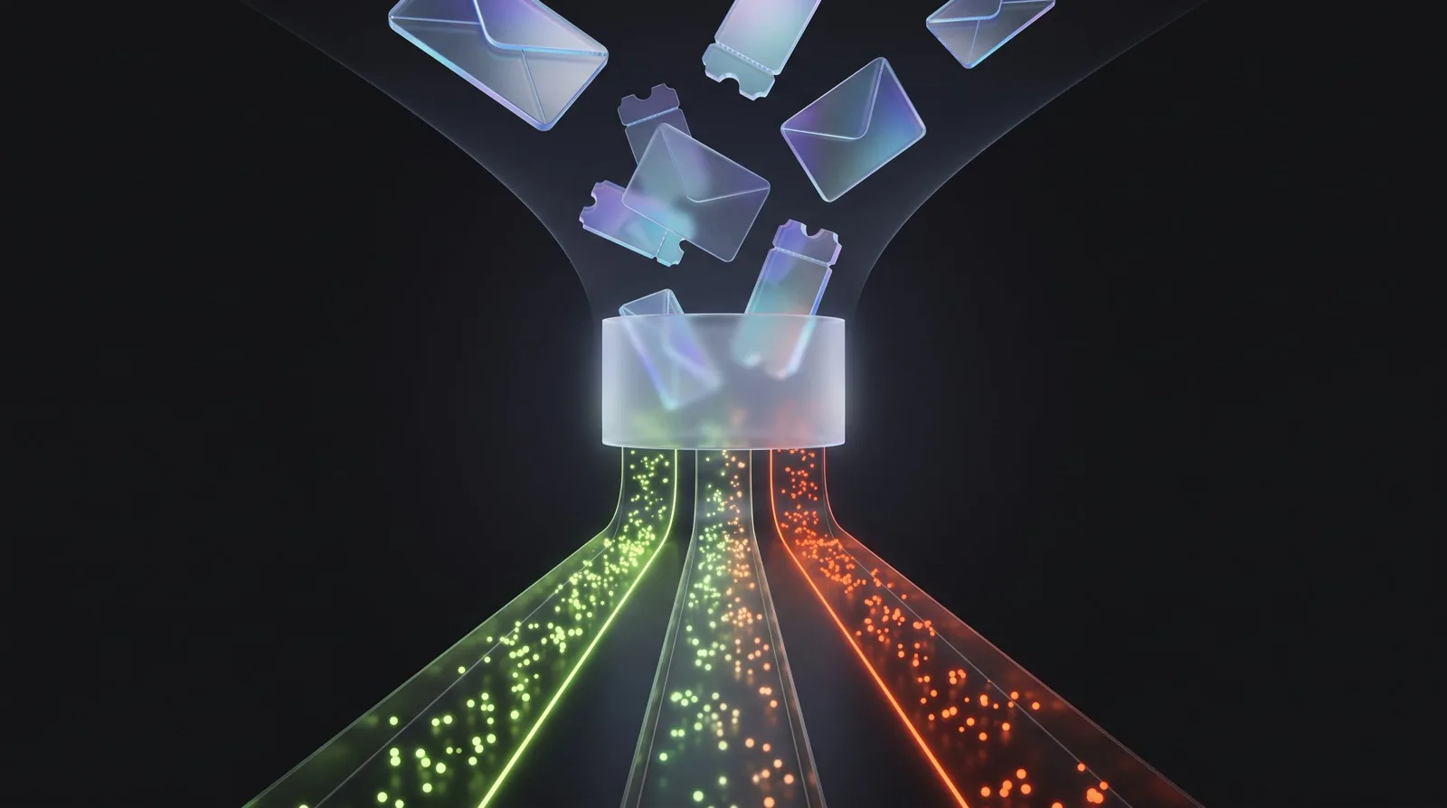 Enveloppes et tickets en verre tombant dans un entonnoir lumineux et ressortant triés en trois flux distincts vert, blanc et orange
