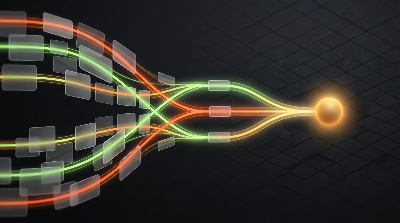 Illustration abstraite sur fond sombre : un flux de cartes de messages en verre est trié en trois trajectoires lumineuses vert et orange qui convergent vers un point chaud unique
