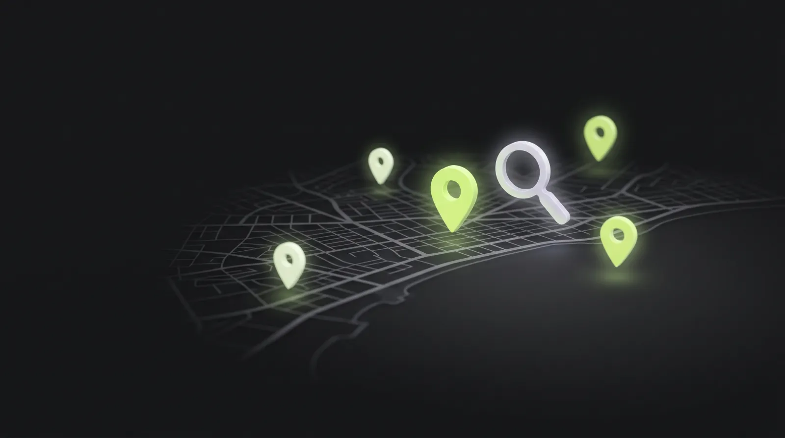 Carte de ville avec épingles de localisation lumineuses et une loupe — référencement local à Marseille