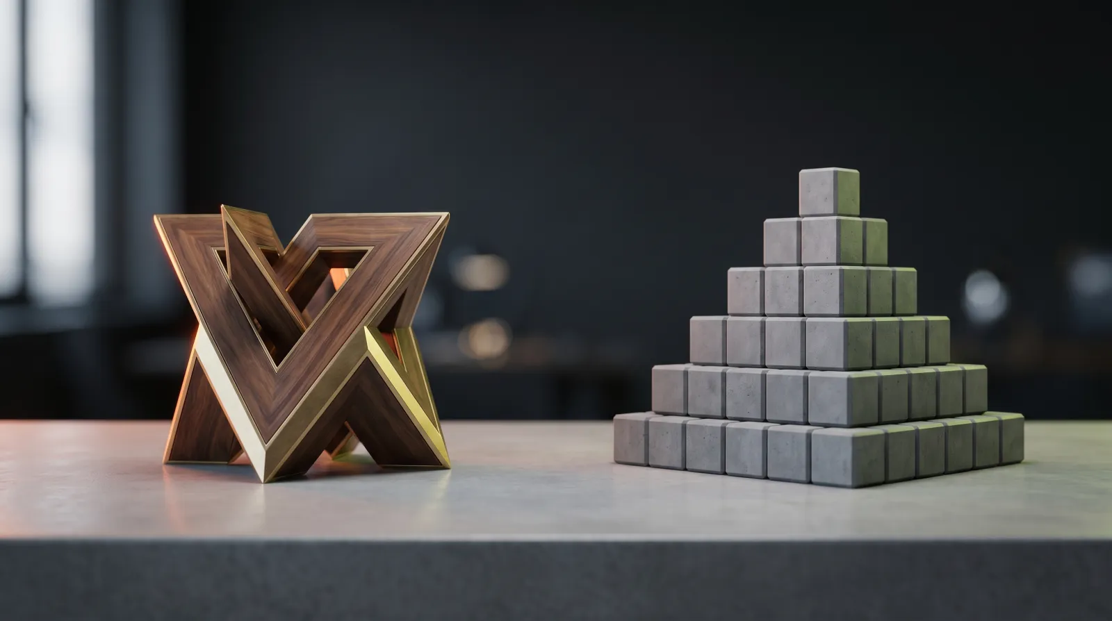 Pièce sculptée unique en bois face à un empilement de blocs préfabriqués identiques : la métaphore d'un site sur-mesure face à un template