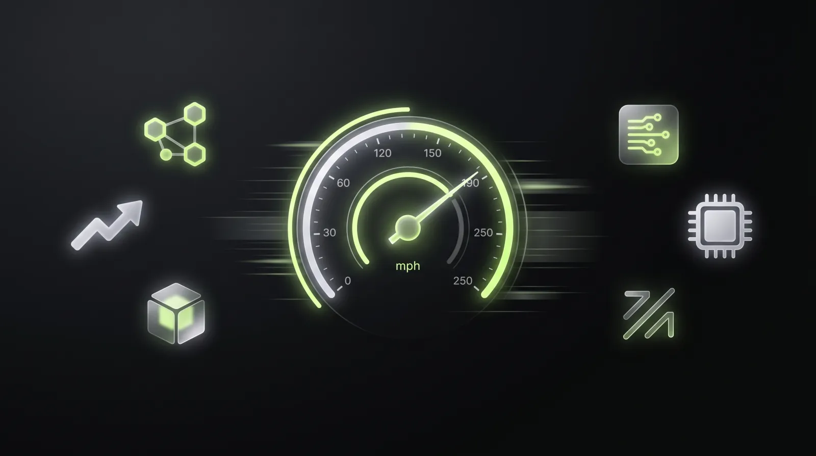 Compteur de vitesse lumineux avec lignes de mouvement — performance d'un site web