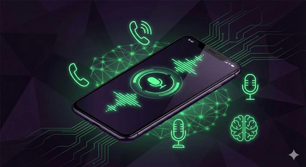 Standard téléphonique IA pour PME - smartphone avec assistant vocal et icônes téléphonie